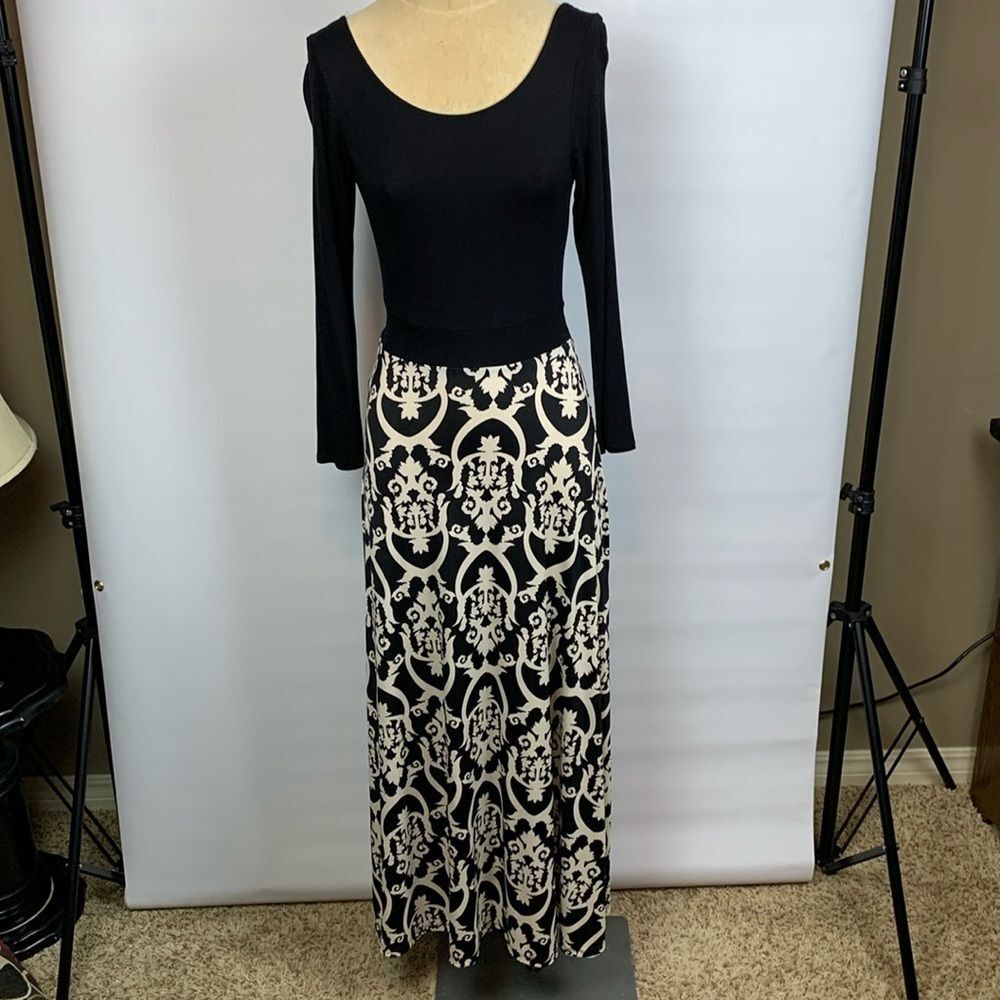 Tua black bodice with black and white print skirt maxi dress, Small